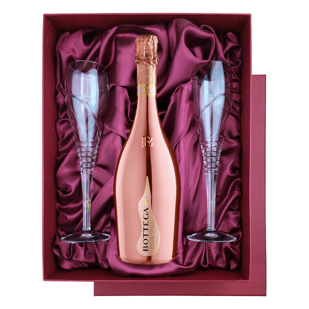 Bottega Gold Rose Sparkling Prosecco 75cl in Red Luxury Presentation Set With Flutes